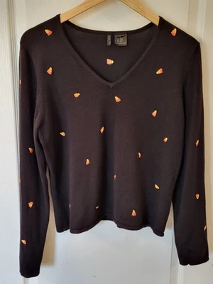 Vintage Etoile Boutique Women's Sz Large Black Candy Corn V-neck Sweater Spooky - Image 1 of 4