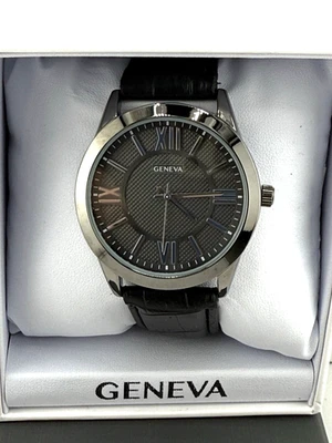 Geneva часы мужские 40 мм черный циферблат Дата Blalck кожаный ремешок/серебряный ободок - новый!! - Изображение 1 из 4