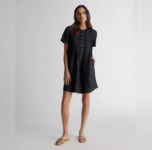 QUINCE 100% europäisches Leinen Kurzarm Swing Kleid Biesen Tunika schwarz Gr. S - Bild 1 von 7