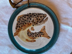 Trout fish pottery wall tile hanging hand painted signed. 6" rd Cabin Man Cave - Picture 1 of 5