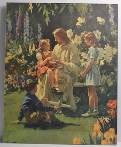 Vintage Jesus Preaching to Children MCM Art Print Framed Religious Christian - Picture 1 of 10
