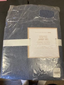 Pottery Barn Organic Teen Linen-Cotton Twin / XL Sheet Set NWT Solid Blue - Picture 1 of 4