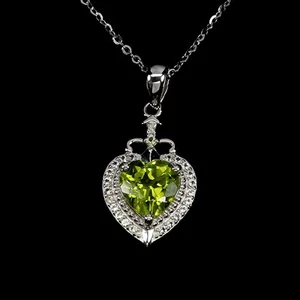 925 Sterling Silver Necklace Heart Peridot 8mm Natural Gemstone Jewelry 18inches - Picture 1 of 13