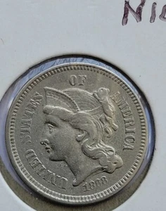 1868 3C Three Cent Nickel AU 1436 - Picture 1 of 2
