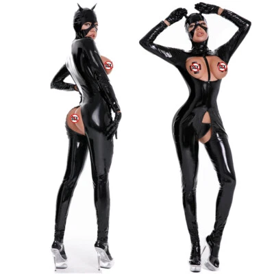 Women Open Crotch Jumpsuit PVC Leather Topless Bodysuit Sexy Erotic Outfit - Image 1 of 4