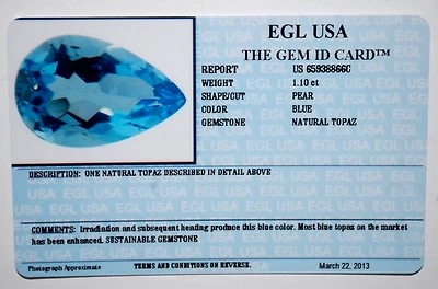 EGL USA CERTIFIED BLUE NATURAL TOPAZ 1.10 CT PEAR CUT GENUINE GEMSTONE - Image 1 of 4