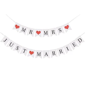 Just Married Banner 2pc Rustic Wedding Bunting with Red Hearts for Car Decora... - Picture 1 of 5