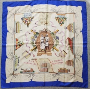 Auth HERMES Carre 90 Scarf  A LA GLOIRE DE LA CUISINE FRANCAISE Silk Blue - Picture 1 of 24