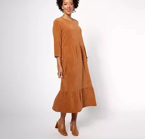 Denim & Co. Petite Heritage Velour Knit Midi Dress British Tan PM A624164 - Picture 1 of 9