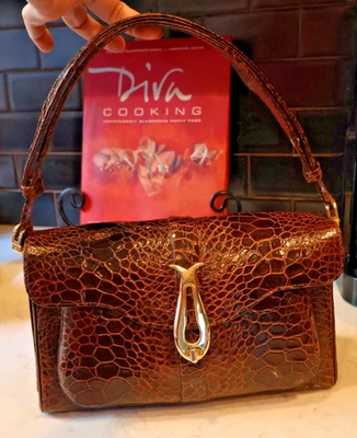 Bolso de Mano de Cuero Vintage Biller Marrón Patrón de Cocodrilo Ajustable 11Wx4Dx7H" Foto 1 de 4