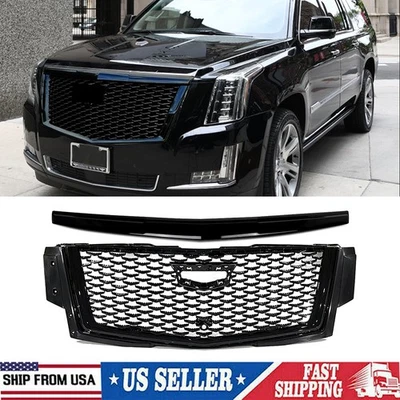 For Cadillac Escalade 2015-20 Gloss Black V Style Front Grille Hood Molding Trim - Image 1 of 4