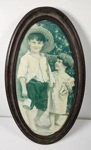 Antique Boy & Girl Print In Dark Brown Oval Metal Picture Frame - Picture 1 of 3