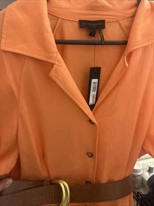 Donna Karan Linen Blend Midi Shirt Dress with Belt Puffed Sleeve 12 Mel KA4F11B2 - Picture 1 of 6