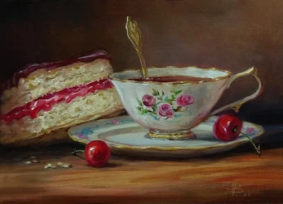 PINTURA AL ÓLEO ORIGINAL. Bodegón con tarta, taza y cerezas. art. V. Shurganov Foto 1 de 4