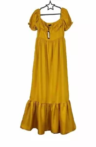 Women’s Mustard Yellow Sundress Maxi Summer Dress Short Puff Sleeve Size UK 12 - Picture 1 of 12