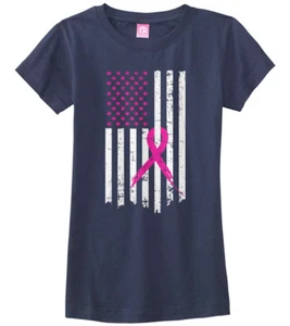 American Flag Breast Cancer Girls Fitted T-Shirt Pink Ribbon - Picture 1 of 9