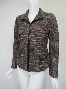 LAFAYETTE 148 Brown Beige Black Boucle Leatherette Trim Zip Jacket Blazer sz 2 - Picture 1 of 4