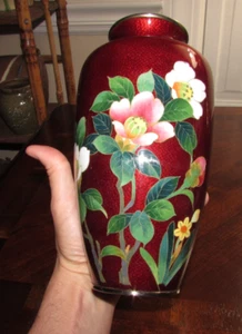 Antique Japanese Red Pigeon Blood Ginbari Cloisonne Vase Floral Pattern Silver - Picture 1 of 8