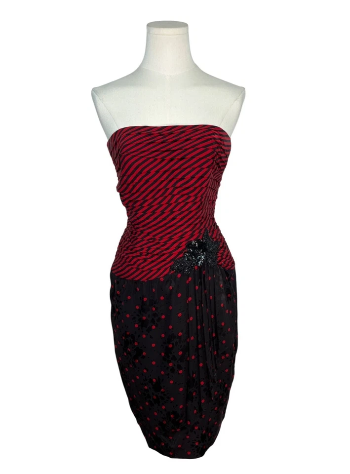 Vintage A.J. Bari Strapless Red & Black Striped Polka Dot Dress Szize 4 - Image 1 of 4