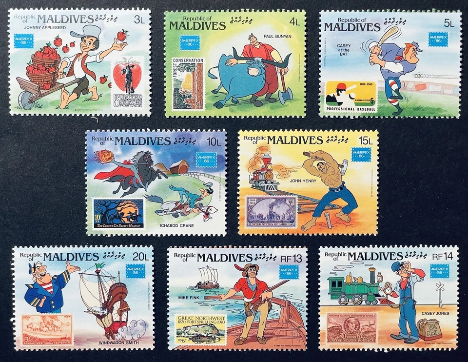 JUEGO DE SELLOS DE MALDIVAS DISNEY AMERIPEX '86 1986 MNH TREN CASEY JONES PAUL BUNYAN 1 Foto 1 de 1