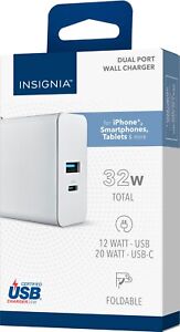 Insignia 32W Dual Port Wall Charger (USB-C + USB) for iPhones 15/14, iPad, White