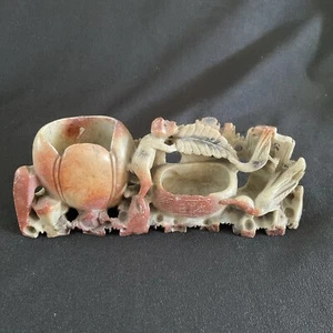Vintage Chinese Carved Soapstone Vase Brush Pot Monkey,Birds,Flowers ~ 19cm Wide - Picture 1 of 11