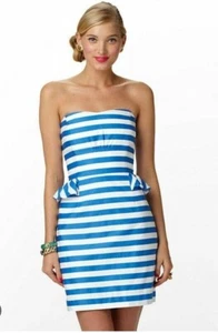 Lilly Pulitzer Maybell Dress Blue Swizzle Stripe Strapless Peplum Womens Size 10 - Picture 1 of 13