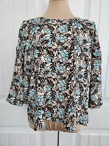 Elizabeth and James - Blue & beige floral 3/4 blouson sleeve top, L - Picture 1 of 6
