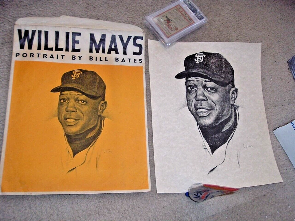 1960's Willie Mays Portrait by Bill Bates + Envelope 11 3/8" by 14 1/2" Baseball - Image 1 of 4