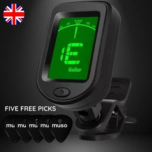 Digital Chromatic Clip-On Tuner LCD Guitar Acoustic Electric  +BATTERY + 5 PICKS - Picture 1 of 10