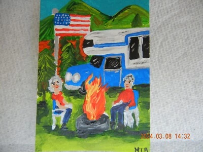 ACEO Original Painting Art Campers fire pit Truck Trailer - Image 1 of 3