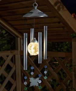 Solar Powered Light Up Wind Chime Weatherproof LED Warm White Butterfly 64cm - Picture 1 of 18