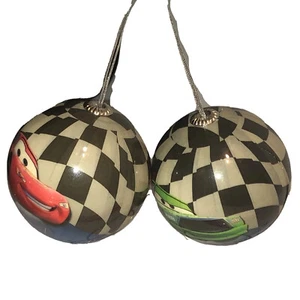 2 Disney Christmas Ornaments Balls Cars Black And White Checkered - Picture 1 of 8