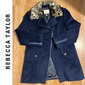 Rebecca Taylor 12 Marineblauer Mantel aus Wollmischung Jacke mit Reißverschlüssen Taschen Faux Leopard NWOT - Bild 1 von 17