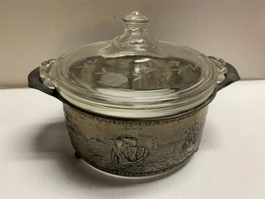 Forman Ware Nickel Silver Sailing Ships Holder Pyrex Casserole Bowl Etched Roses - Picture 1 of 8