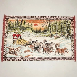 Vintage Spanish Tapestry Rug 76x48 Dogsled Husky Winter Scene Wall Hanging - Picture 1 of 9