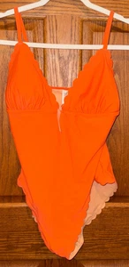 Neu mit Etikett Damen J. Rundhalsausschnitt Größe Large orangefarbener Badeanzug gewellter Rand V-Ausschnitt - Bild 1 von 7