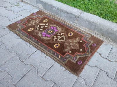 Vintage Turkish Oushak Small Rug 2.9x1.6 ft Hand-Knotted Wool Brown Purple - Image 1 of 4