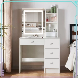 White 4 Drawers Vanity Table Set Modern Dressing Desk with LED Lighted Mirror - Picture 1 of 8
