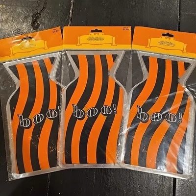 NEW Halloween Shaped Treat Bags Orange & Black Striped BOO 15 ct - 3 Pkgs - Image 1 of 4