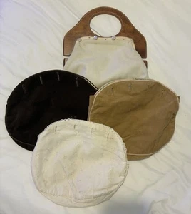 Vtg 70s/80s Bermuda Bag Purse Wood Handle & 3 Fabric Change Covers - Picture 1 of 9