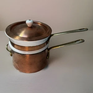 Pentola doppia caldaia vintage rame con rivestimento ceramica porcellana manici e coperchio ottone - Foto 1 di 7