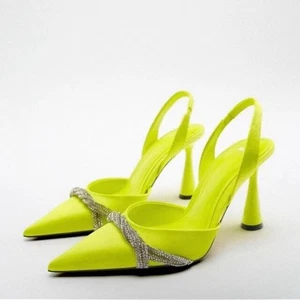 Zara Satin Lime Crystal Slingback Heels Women’s Sz 38 NWOT - Picture 1 of 13