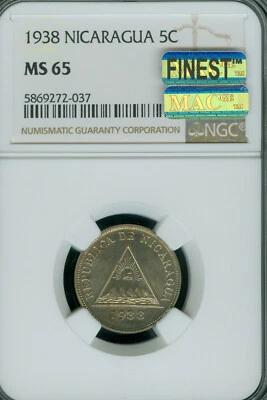 1938 NICARAGUA 5 CENTAVOS NGC MS65 PQ MAC FINEST & SPOTLESS VERY RARE * - Image 1 of 2