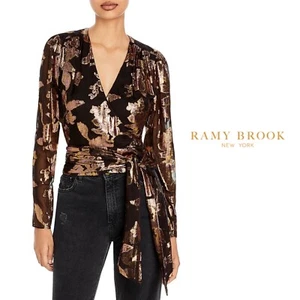 NUEVA Blusa Ramy Brook para Mujer Blair Metálica Envolvente Corbata Talla 8 - Imagen 1 de 11