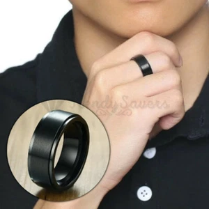Stainless Steel Men Black Polished Wedding Band Fidget Spinner Ring Sizes 6-11 - Picture 1 of 84