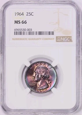 1964 25C Washington Quarter NGC MS66 Monster Rainbow Toned Pink Pony Color - Image 1 of 4