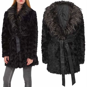 NEU DAMEN SCHWARZ KUNSTFELL KRAGEN JACKE WINTERLOOK GEFÜTTERT LANGER DAMEN DICKER MANTEL - Bild 1 von 4