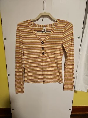 Mudd Juniors Size Small V Neck Striped Long Sleeved Top Button Accents  - Image 1 of 4