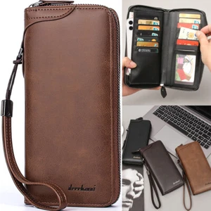 Cartera larga de cuero plegable con cremallera para hombres Cartera con múltiples tarjeteros Cartera sin asas Bolso de mano - Imagen 1 de 17